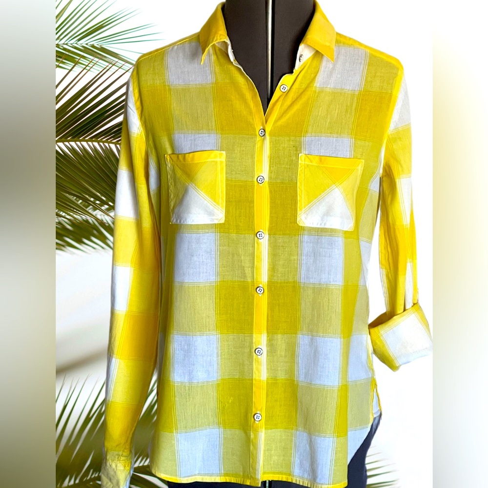 C&C California Yellow and White Plaid Long Sleeve Shirt Size S